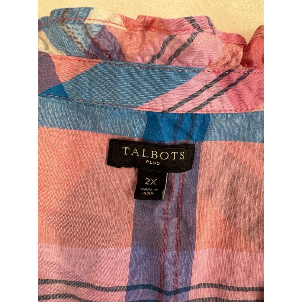 Talbots Popover‎ Top Blouse Pink Plaid Ruffle Henley V-neck Long Sleeve Size 2X - Picture 4 of 9